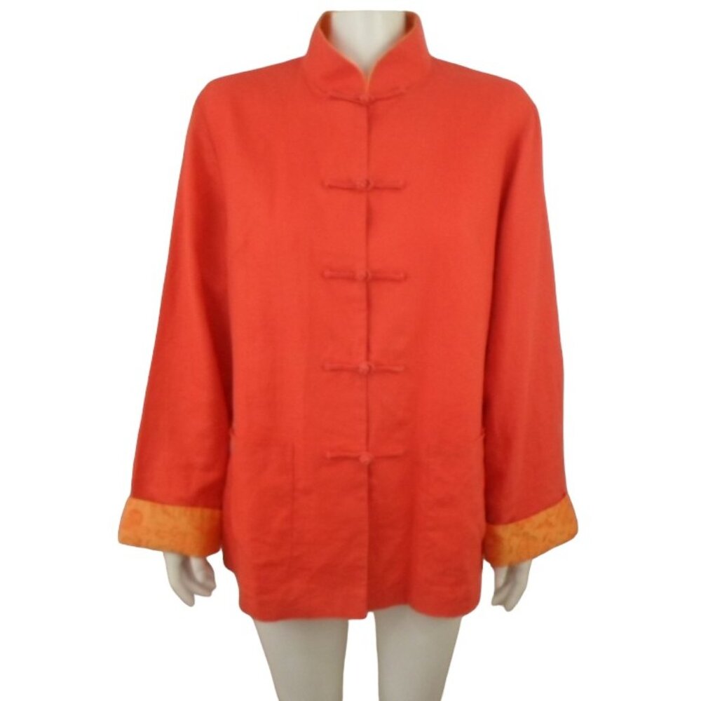 Pearl River Orange Flax Linen Mandarin Collar Cuff Sleeve Frog Clasp Tang Jacket